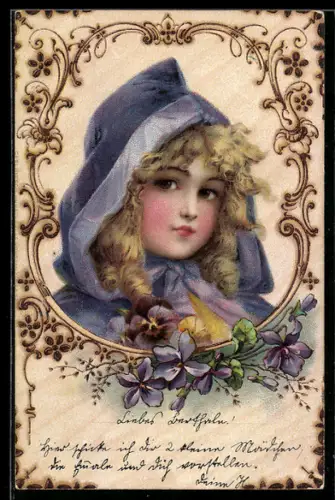 Holzbrand-Imitations-Lithographie Blondschopf mit blauer Kapuze