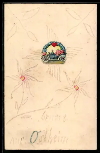 Papierkunst-AK Autofahrer unter Vergissmeinnicht-Bogen und Herz, Blumen-Dekor