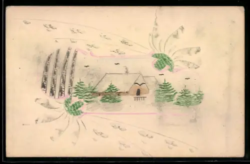 Papierkunst-AK Verschneiter Hof im Tannenwald
