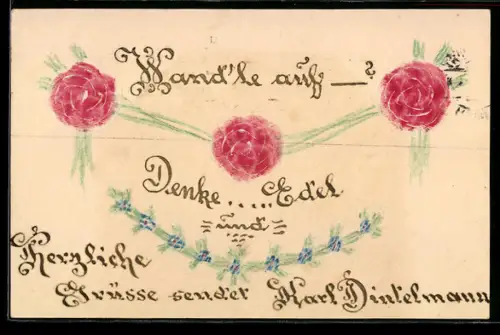 Papierkunst-AK Grüsse von Karl Dinkelmann, Rote und blaue Blüten