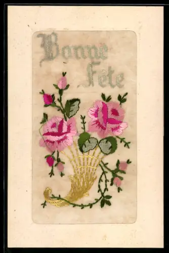 Seidenstick-AK Füllhorn mit blühenden Rosen, Glückwunsch