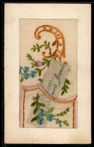 Seidenstick-AK Vergissmeinnicht und Rosen aus einem Füllhorn, Neujahrsgruss