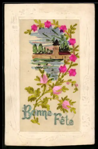 Seidenstick-AK Girlande mit blühenden Rosen und Ortspartie mit Kirche, Glückwunsch