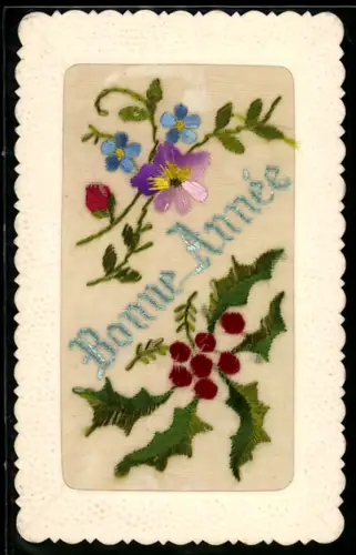 Seidenstick-AK Vergissmeinnicht und Stechpalmenzweig, Neujahrsgruss