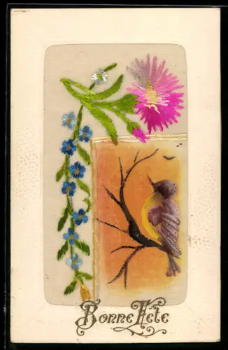 Seidenstick-AK Vergissmeinnicht und Vogel auf einem Zweig, Bonne Fête