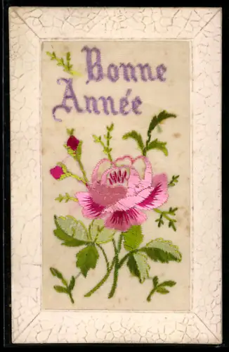 Seidenstick-AK Blühende Rose mit Knospen, Neujahrsgruss