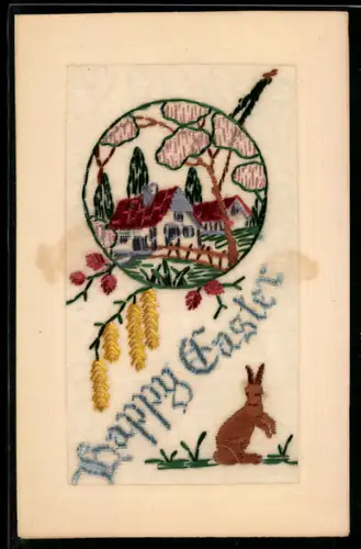 Seidenstick-AK Ortspartie und Osterhase, Ostergruss