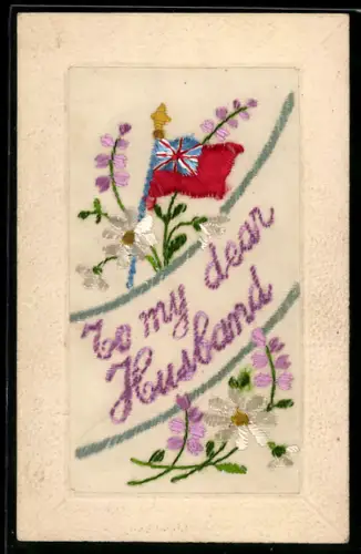 Seidenstick-AK Union Jack und blühende Blumen, To my dear husband