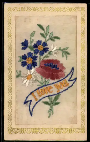 Seidenstick-AK Margeriten und blühende dunkelblaue Blumen, I love you