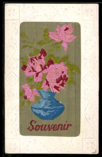 Seidenstick-AK Blühende Rosen in einer Vase