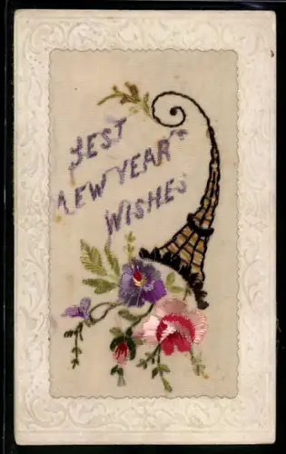 Seidenstick-AK Blühende Blumen aus einem Füllhorn, Neujahrsgruss