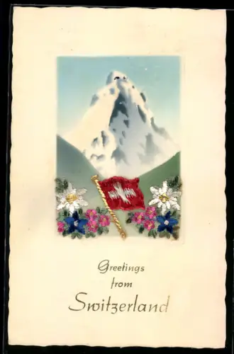 Seidenstick-AK Schweizer Flagge mit blühenden Blumen vor einem Berg