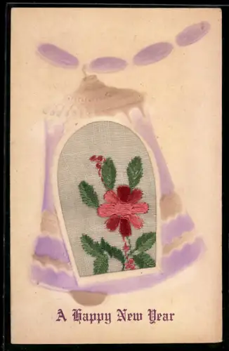 Seidenstick-AK Blühende rote Blume in einer Glocke, Neujahrsgruss