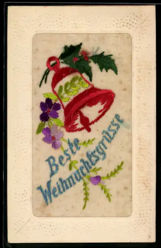 Seidenstick-AK Blühende Blumen und Stechpalmenzweig bei einer roten Glocke, Weihnachtsgruss