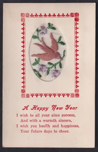 Seidenstick-AK Rosafarbener Vogel mit Blumen im Schnabel, Neujahrsgruss