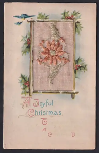 Seidenstick-AK Blühende Blume mit Schwalben und Stechpalmenzweigen