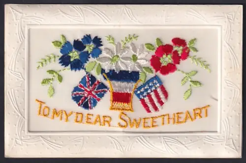 Seidenstick-AK Union Jack, französische Flagge und US-amerikanische Flagge mit blühenden Blumen