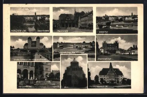 AK Minden i. W., Weserbrücke, Marktplatz, Grosse Schleuse