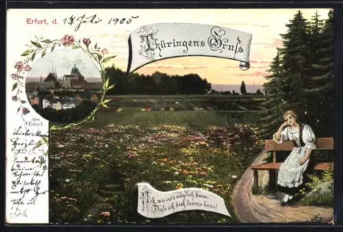 AK Erfurt, Blick auf Erfurt, Blumenwiese mit Sitzbank