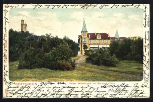 AK Göttingen, Kaiser Wilhelmpark mit Bismarck-Turm