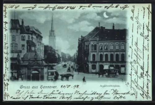 Mondschein-AK Hannover, Aegidientorplatz mit Blick zur Kirche