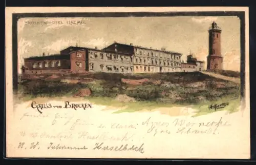 Lithographie Brocken, Brockenhotel und Aussichtsturm