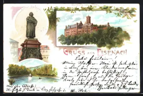 Lithographie Eisenach, Wartburg, Luther-Denkmal, Prinzenteich