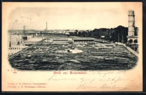 Lithographie Travemünde, Hafen, Leuchtturm, Uferpromenade
