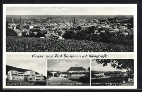 AK Bad Dürkheim a. d. Weinstrasse, Sanatorium Sonnenwende, Kurpark-Hotel, Traubenkur- und Brunnenhalle