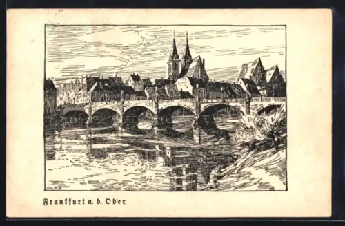 Künstler-AK Frankfurt a. d. Oder, Ortsansicht mit Brücke und Kirche