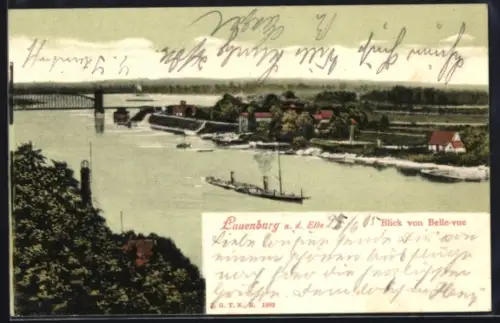 AK Lauenburg a. d. Elbe, Blick von Belle-vue auf Elbe und Brücke