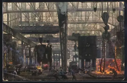 Künstler-AK Essen, Gussstahlfabrik, Pressbau II, Industriehalle, Arbeiter, Stahlverarbeitung