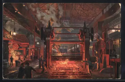 Künstler-AK Essen, Gusstahlfabrik, Panzerplatten-Walzwerk