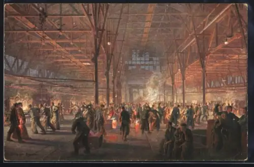 Künstler-AK Essen, Gussstahlfabrik, Tiegelguss im Schmelzbau
