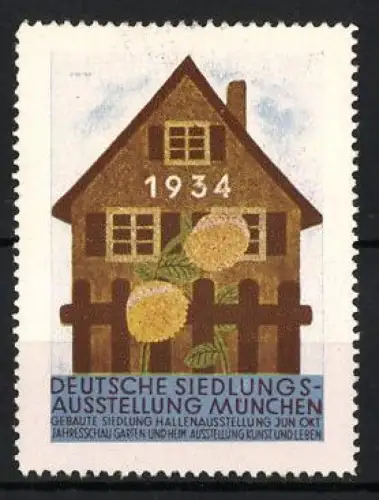 Reklamemarke München, Deutsche Siedlungsausstellung 1934, Haus mit Sonnenblumen