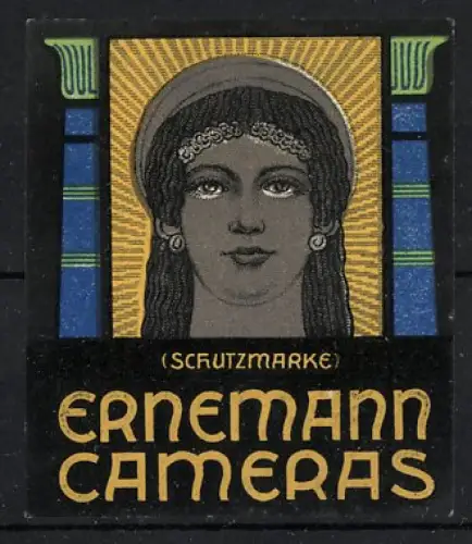 Reklamemarke Ernemann Cameras, Frauengesicht mit Kopfschmuck