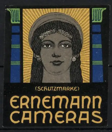 Reklamemarke Ernemann Cameras, Frauenporträt mit Kopfschmuck