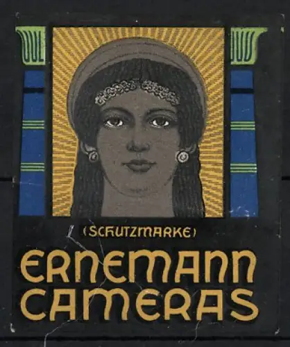 Reklamemarke Ernemann Cameras, Frauenportrait mit Kopfschmuck