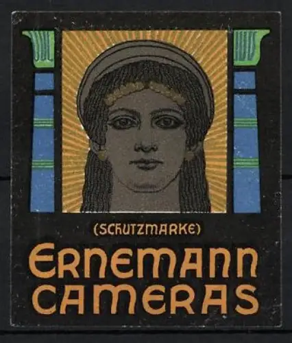 Reklamemarke Ernemann Cameras, Frauenportrait mit Kopfschmuck