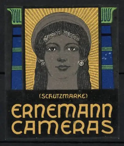 Reklamemarke Ernemann Cameras, Frauenportrait mit Kopfschmuck