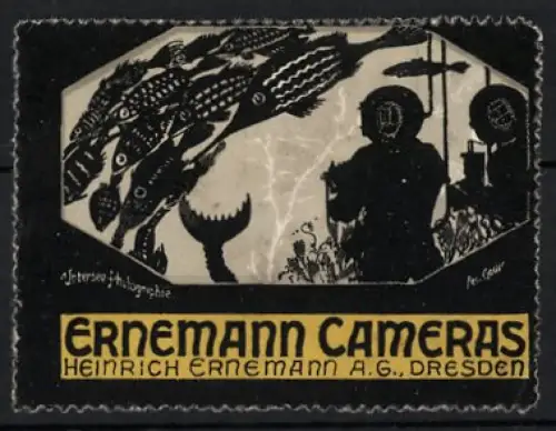 Reklamemarke Dresden, Heinrich Ernemann AG, Ernemann Cameras, Taucher beobachten Fische