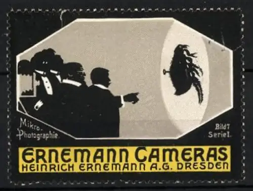 Reklamemarke Dresden, Heinrich Ernemann AG., Ernemann Cameras, Elegante Gesellschaft vor Schattenspiel