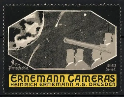 Reklamemarke Dresden, Heinrich Ernemann AG., Ernemann Cameras, Astro-Photographie mit Teleskop und Mond