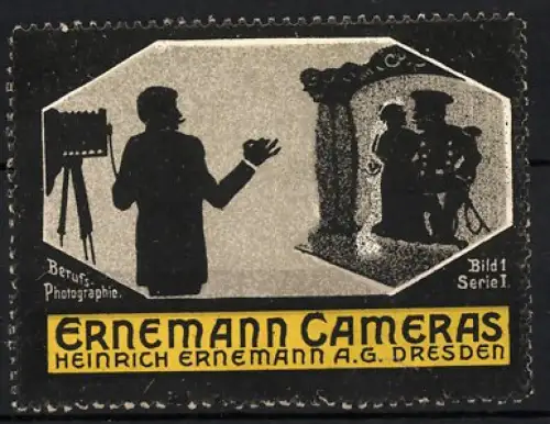 Reklamemarke Dresden, Ernemann Cameras, Fotograf mit Kamera und Statue