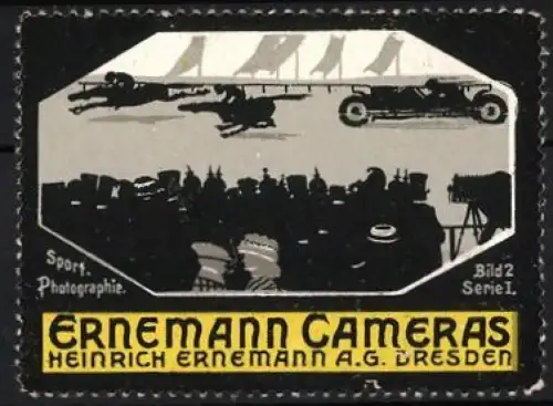Reklamemarke Dresden, Heinrich Ernemann AG., Ernemann Cameras, Pferderennen und Autos