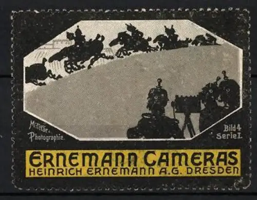 Reklamemarke Dresden, Heinrich Ernemann AG., Ernemann Cameras, Militärfotografie mit Pferden