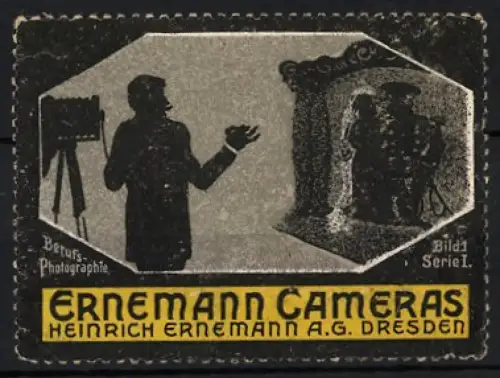 Reklamemarke Dresden, Heinrich Ernemann AG., Ernemann Cameras, Fotograf mit Kamera und Model