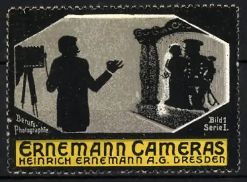 Reklamemarke Dresden, Heinrich Ernemann AG., Ernemann Cameras, Fotograf bei der Arbeit