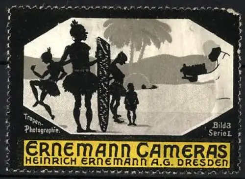 Reklamemarke Dresden, Heinrich Ernemann AG., Ernemann Cameras, Tropen-Photographie-Szene