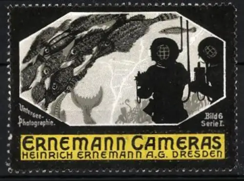 Reklamemarke Dresden, Heinrich Ernemann AG., Ernemann Cameras, Taucher mit Kamera